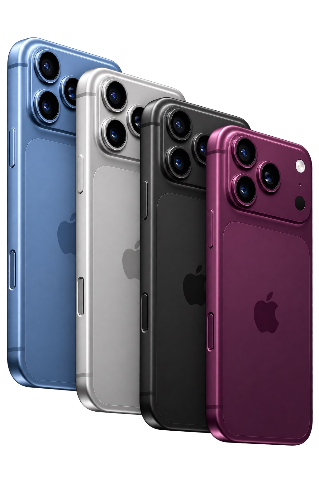 Concepto completo del iPhone 18 Pro Max en azul, plata, negro y burdeos